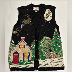 Vintage Tiara Black Knit Vest with Holiday Design M DAMAGED